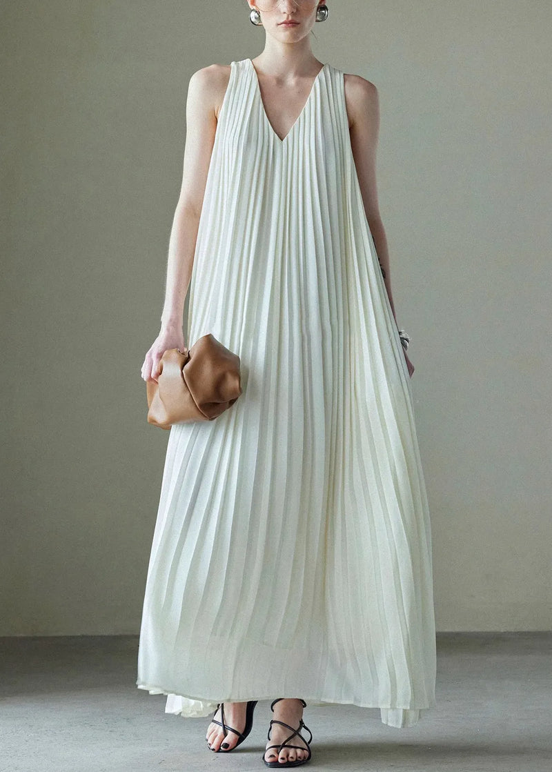 Italian White V Neck Wrinkled Chiffon Maxi Dresses Sleeveless