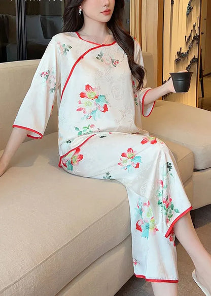 White Print Tops and Crop Pants Ice Silk Pajamas Two-piece Set Summer