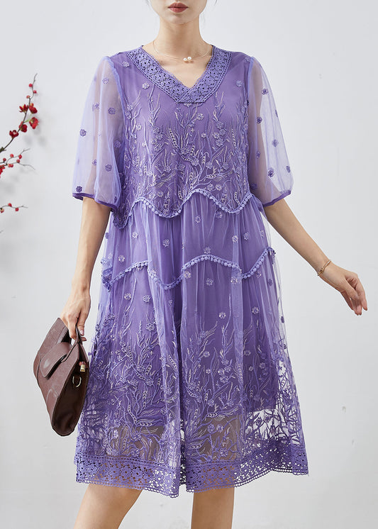 Purple Embroidered Tulle Party Dress Summer
