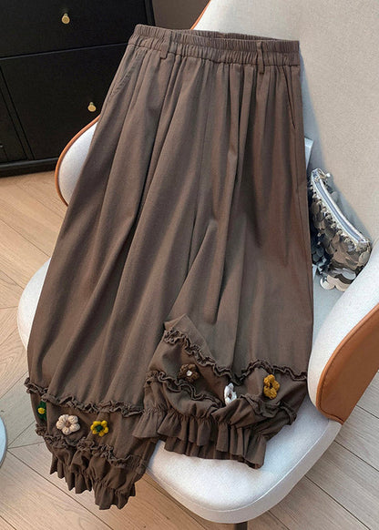 Beige Ruffled Patchwork Wide Leg Pants Summer