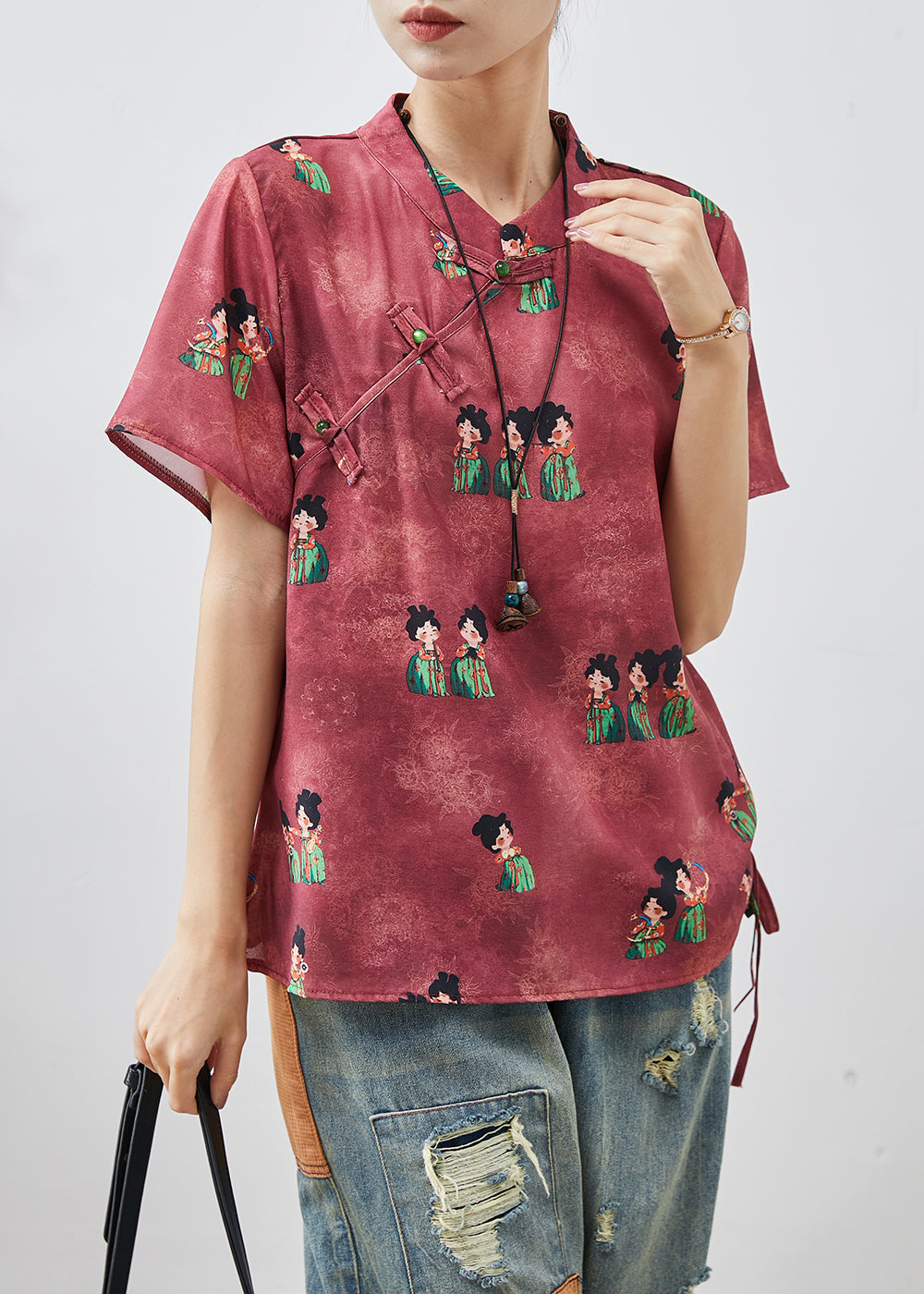 Dull Red Print Chinese Button Silk Shirt Summer