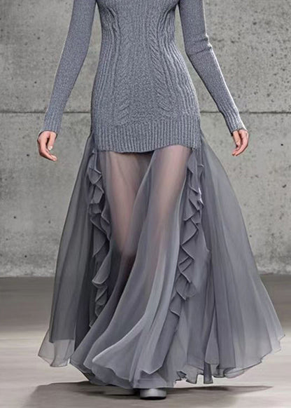Grey Ruffled Patchwork Tulle Knit Dress Winter