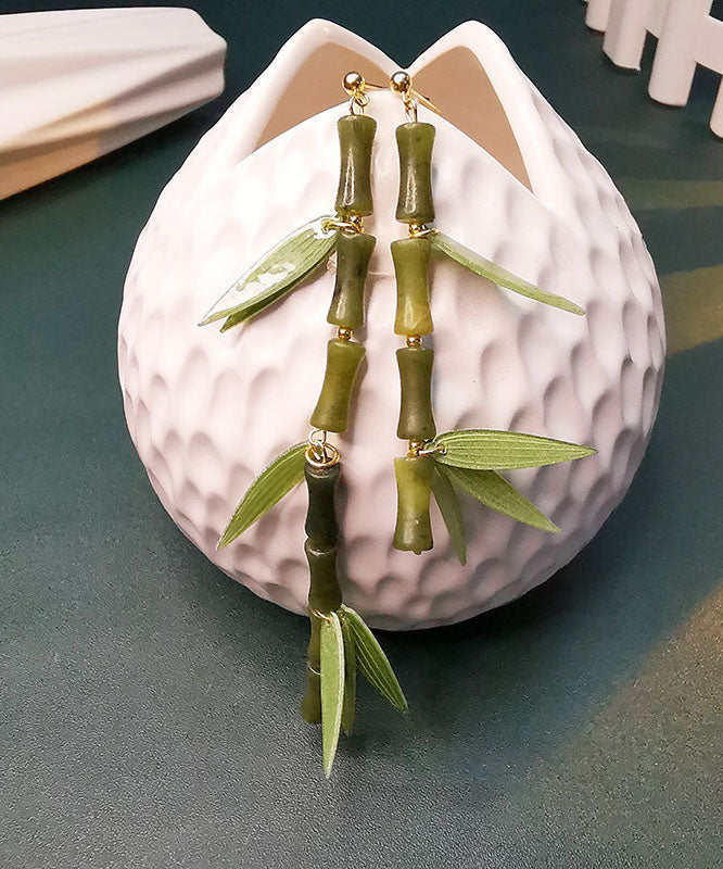 Diy Green Silver Inlaid Gem Stone Bamboo Knot Drop Earrings