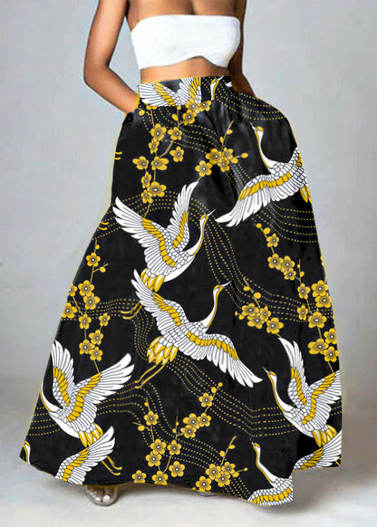 Yellow High Waist Pockets Print Cotton a Line Skirt Summer