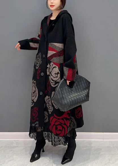 Black Hooded Rose Print Loose Knit Cardigans Spring