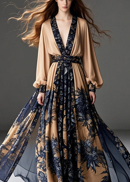 Coffee Cinched Print Chiffon Party Dress Exra Large Hem Fall