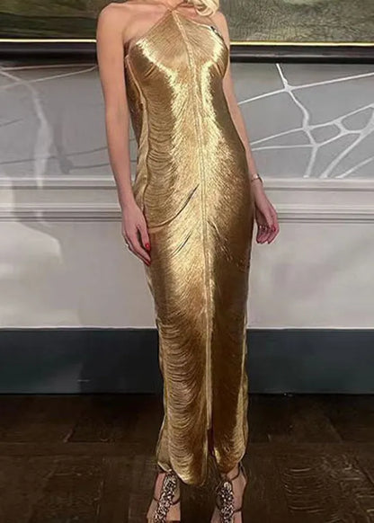 Stylish Gold Tassel Halter Silk Party Dress Summer