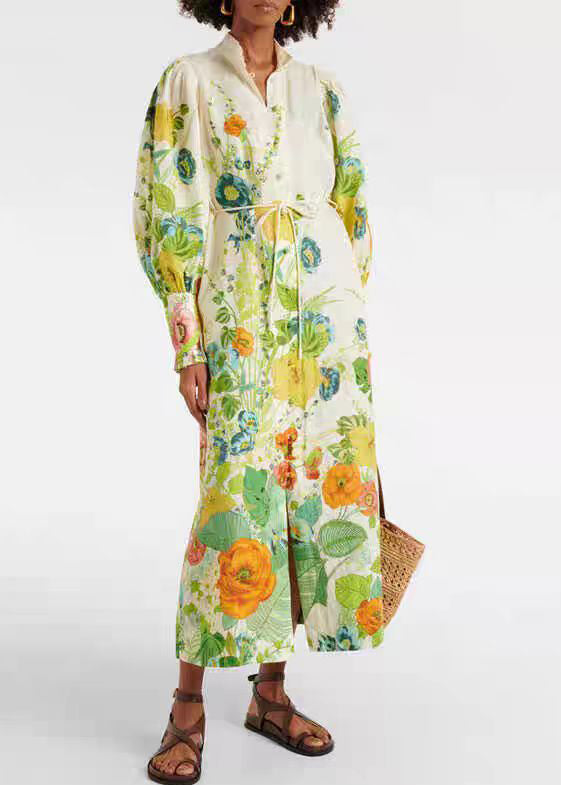 Green Print Pockets Tie Waist Cotton Shirts Dresses Fall