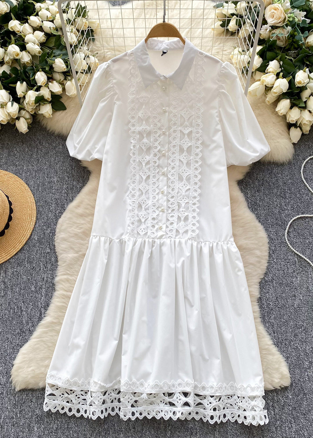 Rose Patchwork Lace Shirt Dress Lantern Sleeve