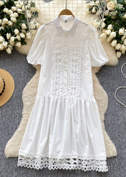 Rose Patchwork Lace Shirt Dress Lantern Sleeve