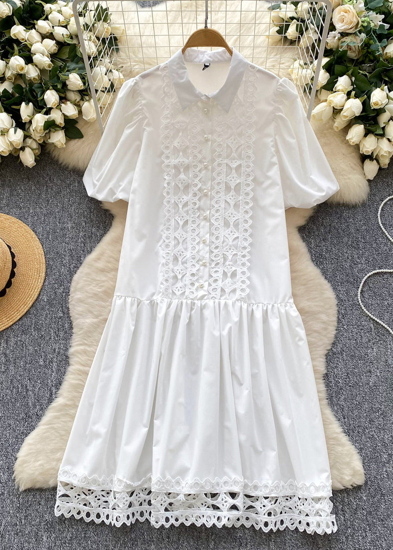 Rose Patchwork Lace Shirt Dress Lantern Sleeve
