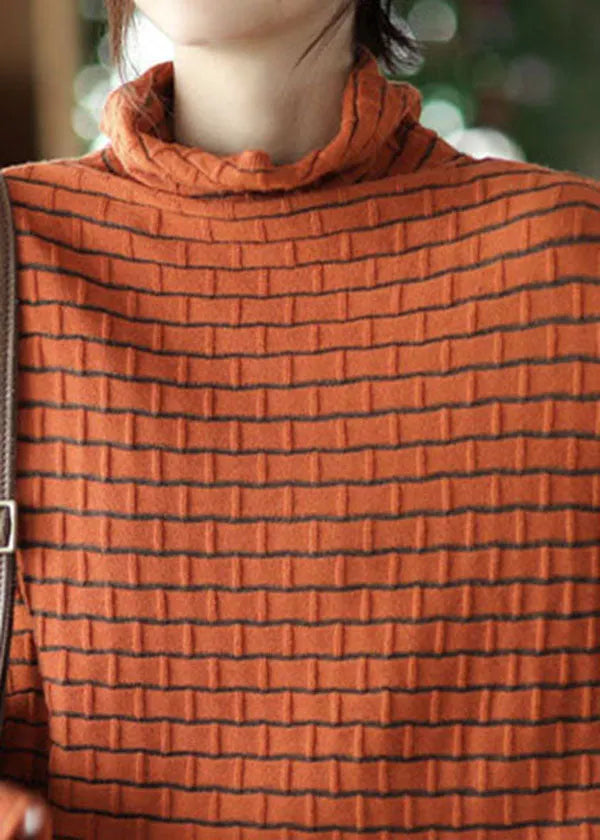 Orange Turtle Neck Striped Knit Sweaters Winter