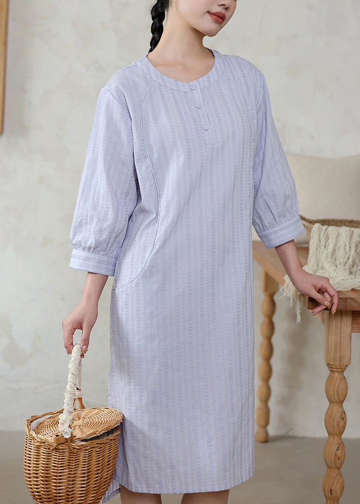 Original Loose Light Purple O Neck Cotton Dress Spring