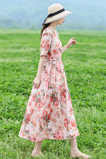 -summer Loose Ramie Maxi Dress Printed Short Sleeve Dress