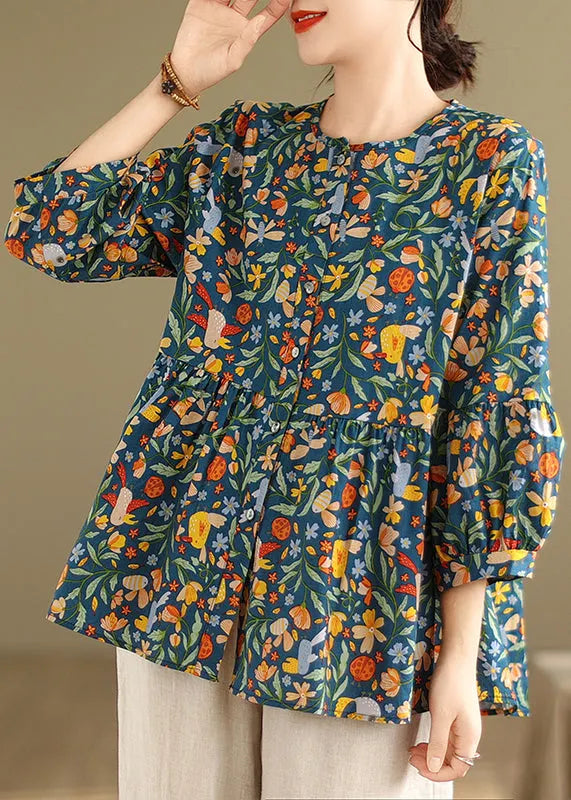 Green Print Patchwork Wrinkled Tops Fall