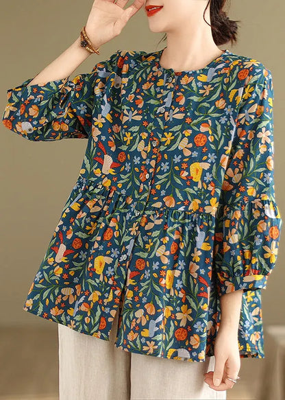 Green Print Patchwork Wrinkled Tops Fall