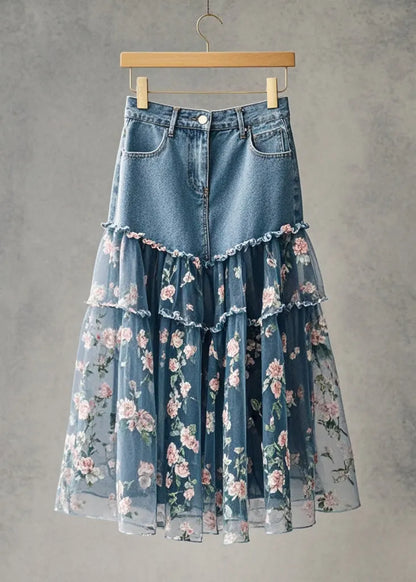 Pink Flower Print Patchwork Tulle Denim Skirt Fall