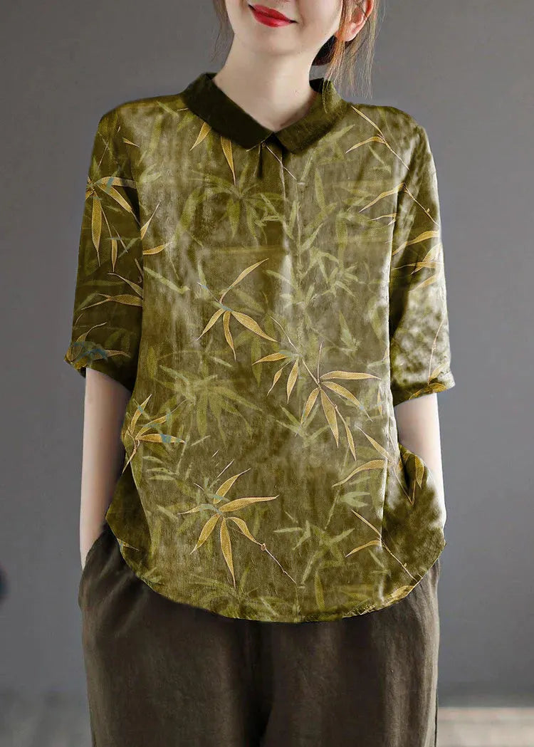 Grass Green Bamboo Turn-down Collar Print Summer Shirt Half Sleeve