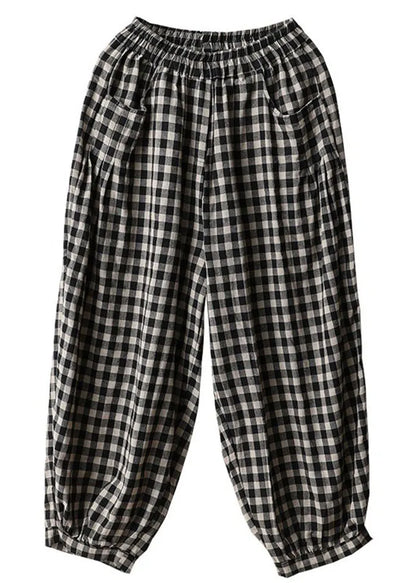 Black Plaid Pockets Linen High Waist Crop Pants Summer