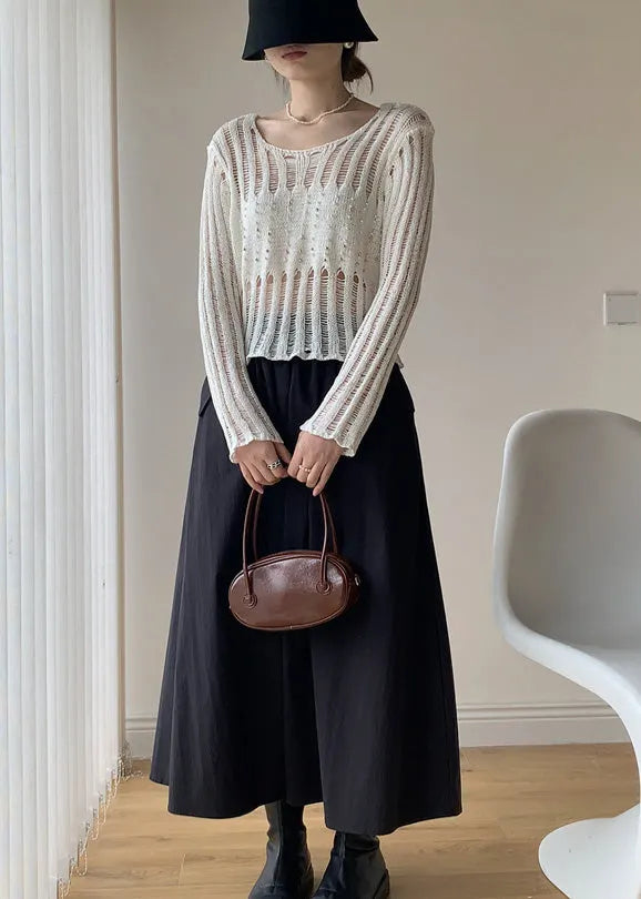 White Hollow Out Nail Bead Knit Sheer Tops Fall