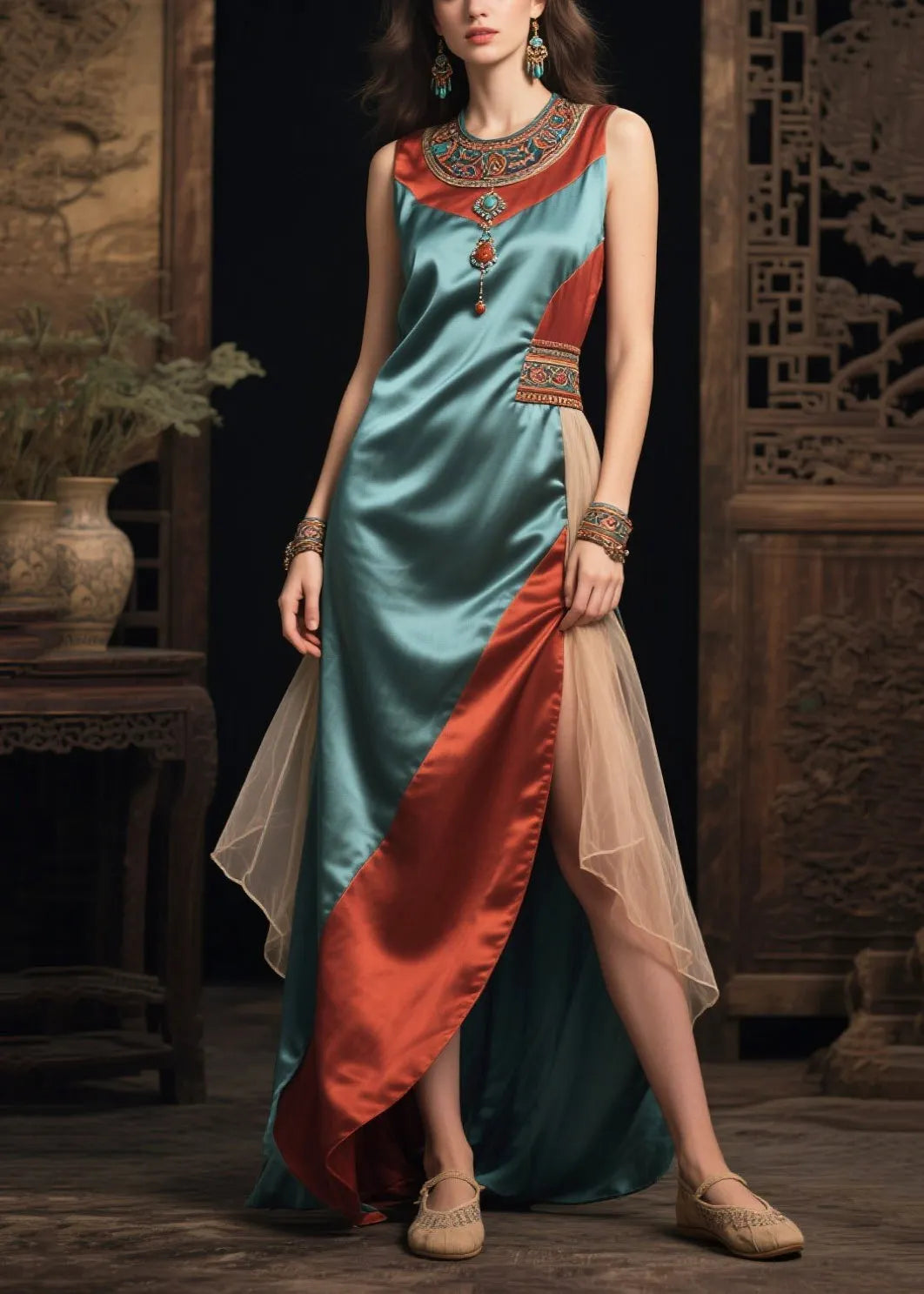 Style Sea Blue Asymmetrical Patchwork Silk Vacation Dresses Sleeveless