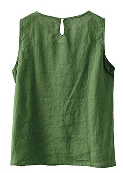 Green O-neck Embroidered Patchwork Side Open Linen Vest Summer