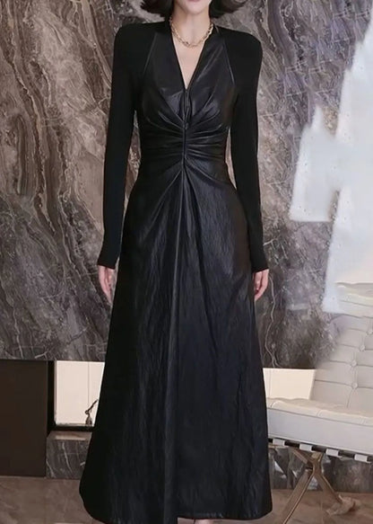 French Black V Neck Wrinkled Holiday Maxi a Line Dress Spring