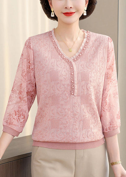 Pink V Neck Nail Bead Patchwork Knit T Shirt Half Sleeve