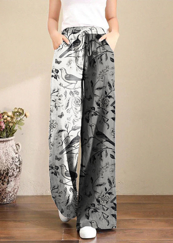 French Brown Geometry Elastic Waist Pockets Linen Wide Leg Pants Summer