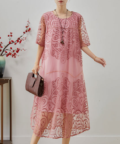 Pink Embroidered Tulle Ankle Dress Summer