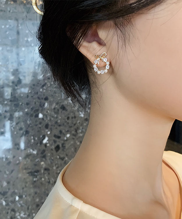Gold Copper Alloy Zircon Pearl Bow Hoop Earrings