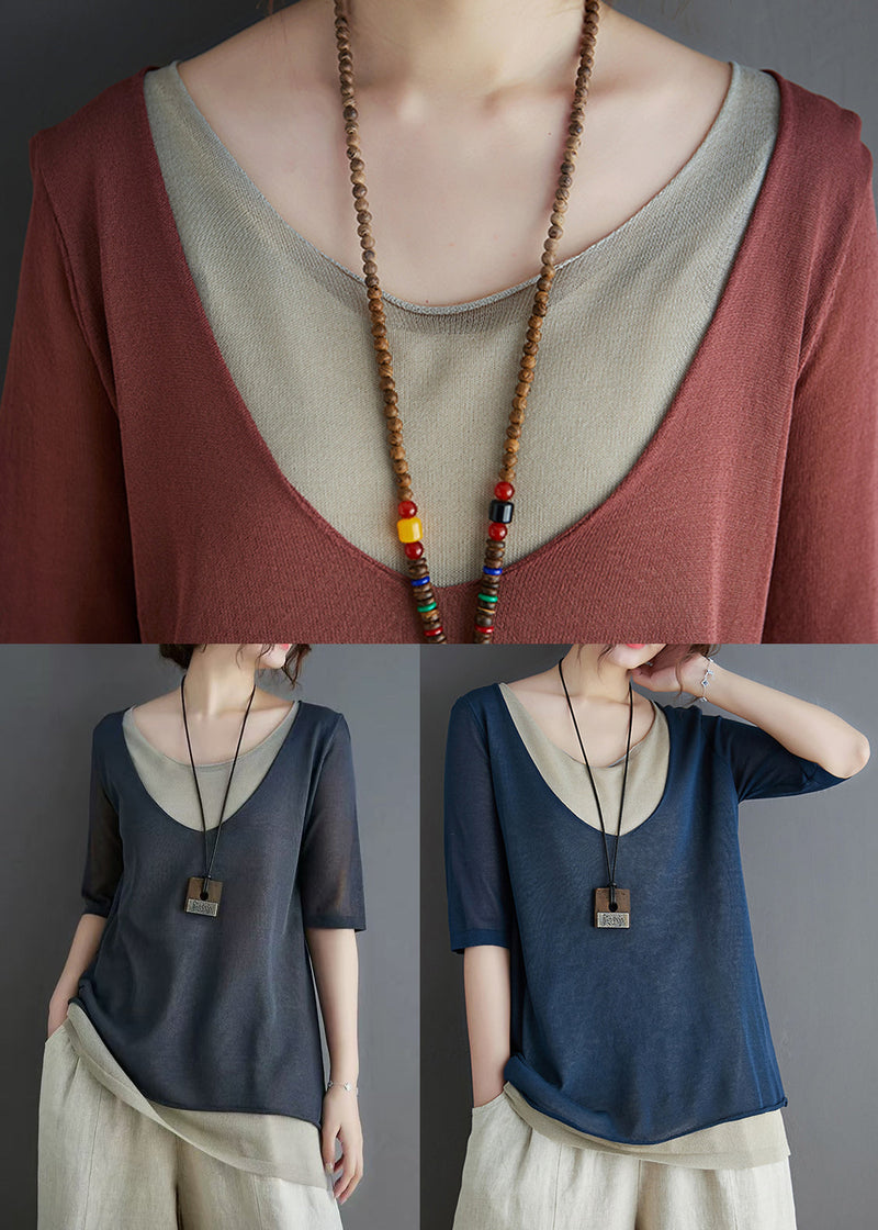 Brick Red Patchwork Knit Tanks Summer
