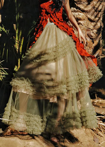 New Green Ruffled Elastic Waist Tulle a Line Skirts Summer