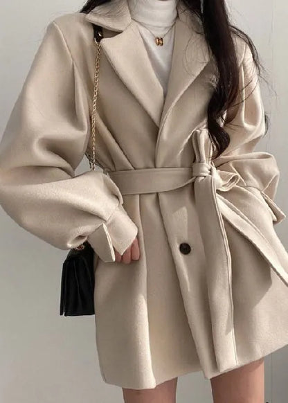 Style Black Peter Pan Collar Tie Waist Woolen Coat Lantern Sleeve
