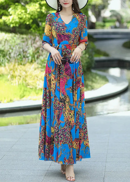Blue V Neck Print Lace Up Chiffon Dress Summer