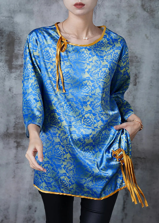 Blue Tasseled Print Silk Blouses Bracelet Sleeve