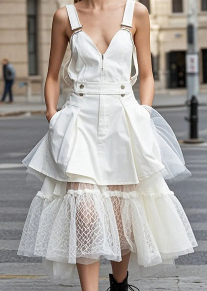 White V Neck Patchwork Tulle Denim Holiday Dress Summer