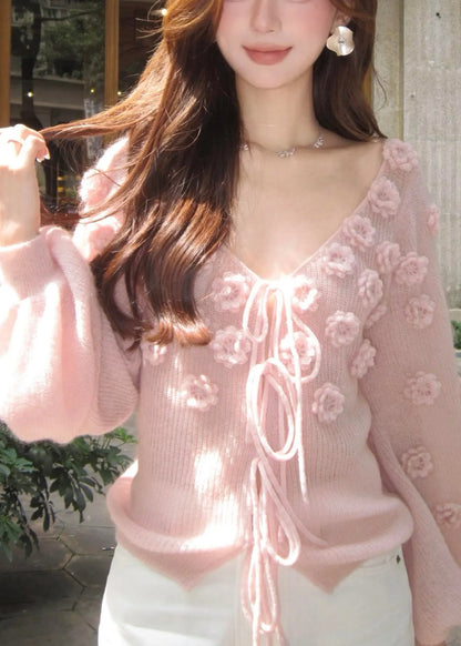 Pink V Neck Lace Up Knit Short Sweater Fall