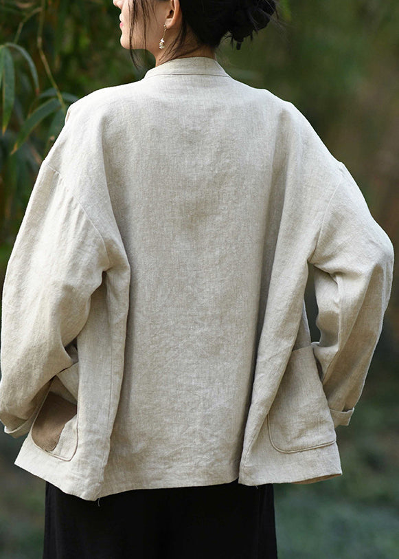Chinese Style Stand Collar Pockets Oriental Button Linen Coat Spring