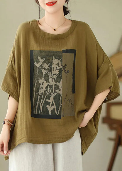 Green Low High Design Cotton T Shirts Top O Neck Batwing Sleeve