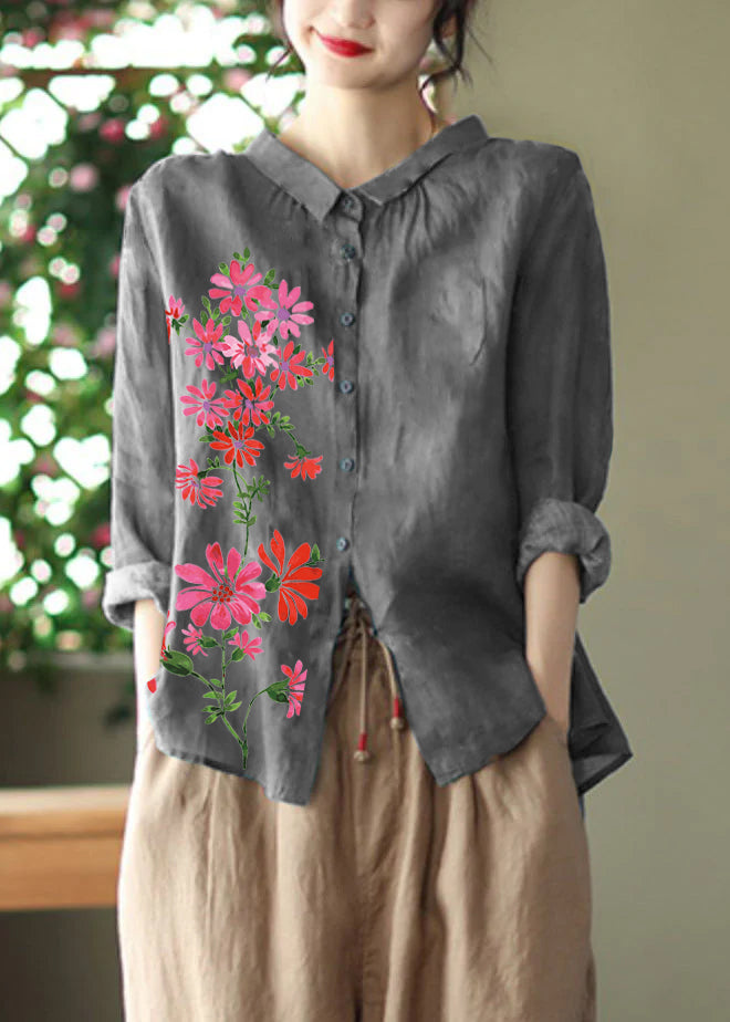 Retro Peacock Green-dark Pattern Peter Pan Collar Print Button Wrinkled Shirts Long Sleeve