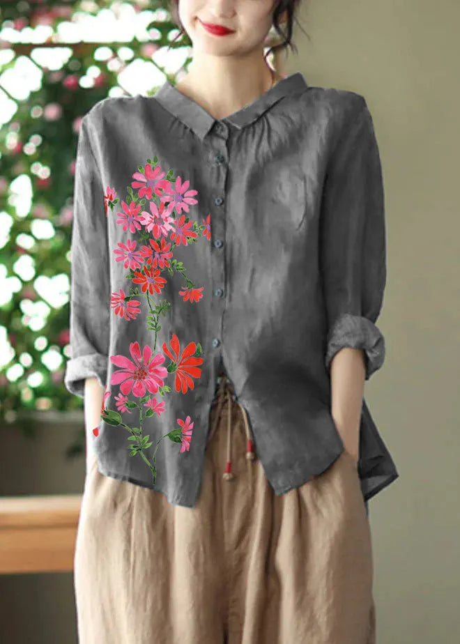 Retro Peacock Purple Peter Pan Collar Print Button Wrinkled Shirts Long Sleeve
