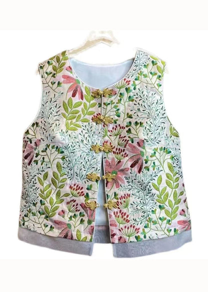 Chinese Style Pink O Neck Embroidered Patchwork Silk Vest Sleeveless