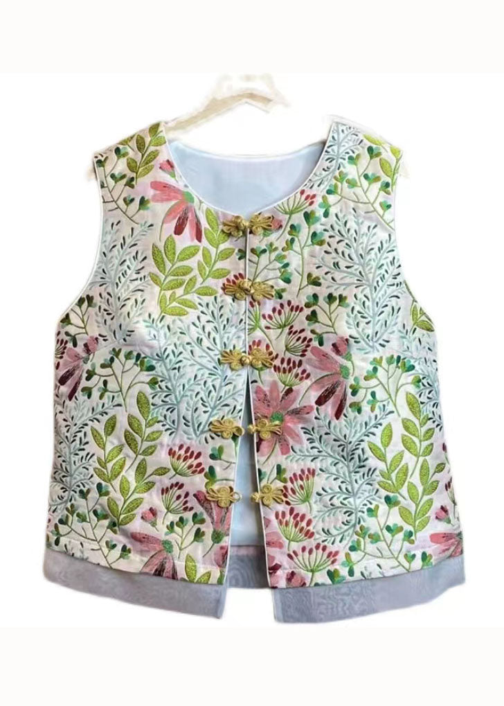 Chinese Style Pink O Neck Embroidered Patchwork Silk Vest Sleeveless