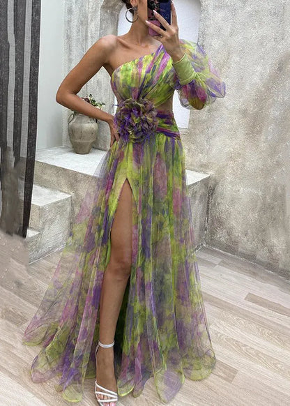 Purple Side Open Tulle Long Dress One Shoulder Summer