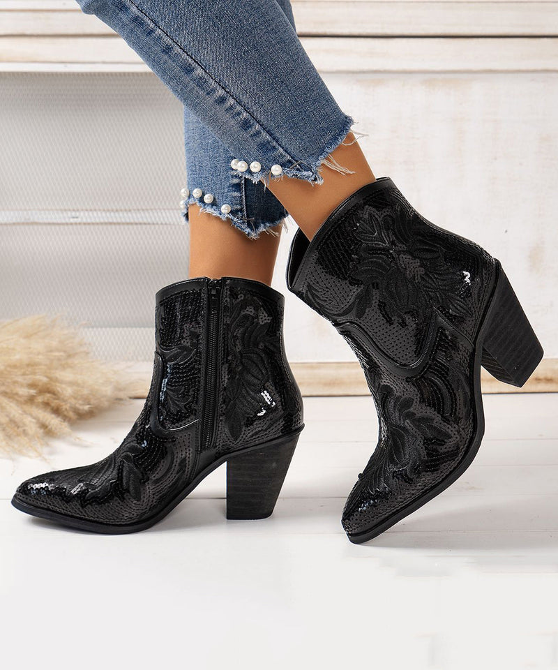 Black Embossed Sequins Cotton Fabric Chunky Ankle Boots