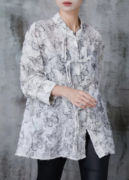 White Tasseled Butterfly Chiffon Shirt Fall