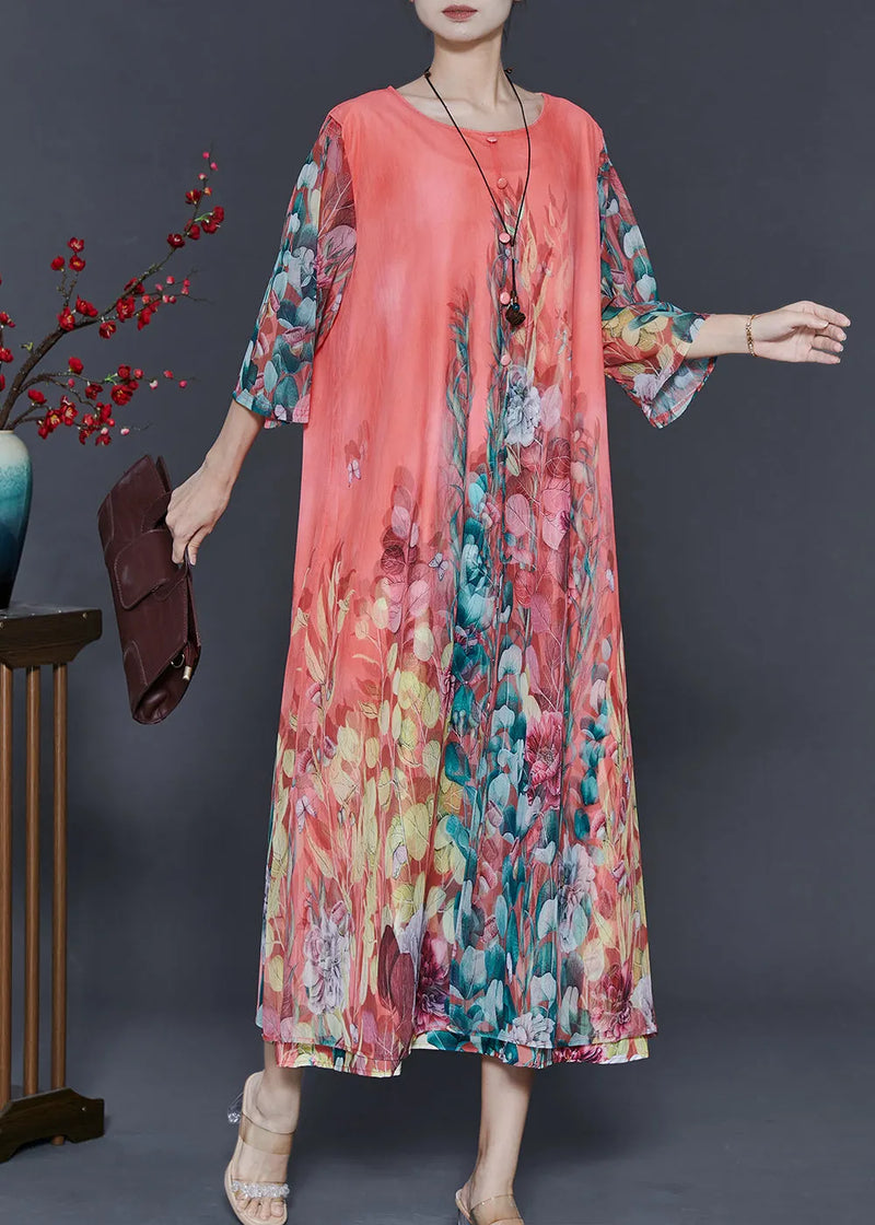 Diy Pink Oversized Print Chiffon Long Dress Bracelet Sleeve