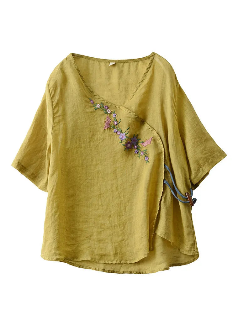 Unique Yellow V Neck Embroidered Linen T Shirt Half Sleeve