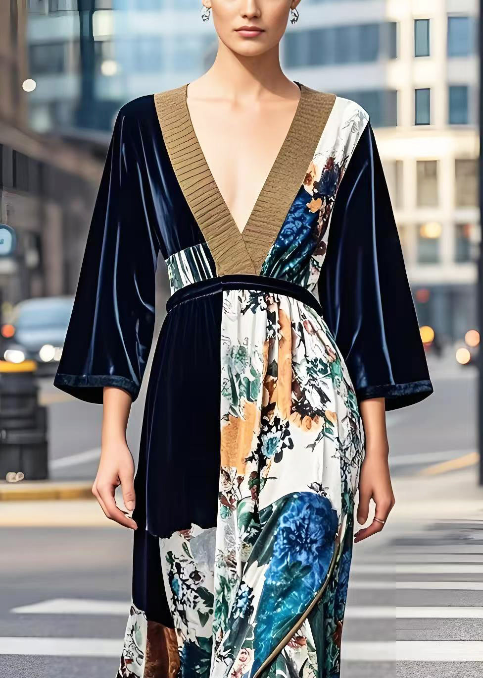 Dark V Neck Print Silk Velvet Cinched Dress Fall